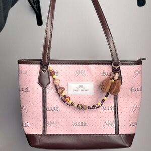 Pink/ Brown bow small tote bag